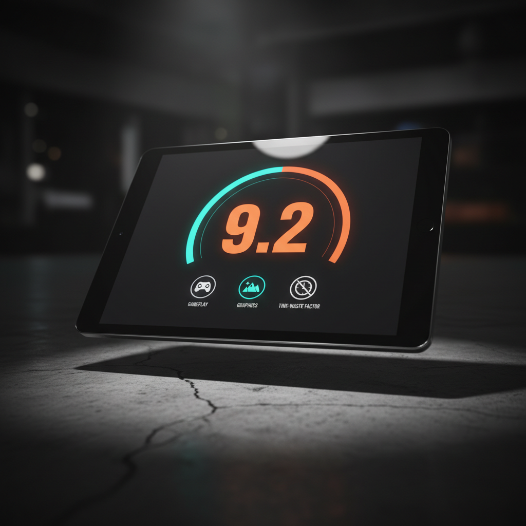 A dramatic close-up of a stylized game rating system displayed on a floating glossy black tablet lying on a concrete-textured surface. The screen shows a large, bold numeric score encircled by a segmented progress ring, with tiny icons for gameplay, graphics, and time-waste factor beneath it. Vibrant neon cyan and electric orange UI accents stand out sharply against a dark interface. A single focused spotlight from the top-left creates strong highlights on the tablet’s metallic edges and deep shadows around it, giving a cinematic, high-impact feel. Photographic realism with a low-angle macro-style shot, shallow depth of field, and heavy vignetting at the edges. The mood is assertive and decisive, reinforcing clear, no-nonsense review outcomes.