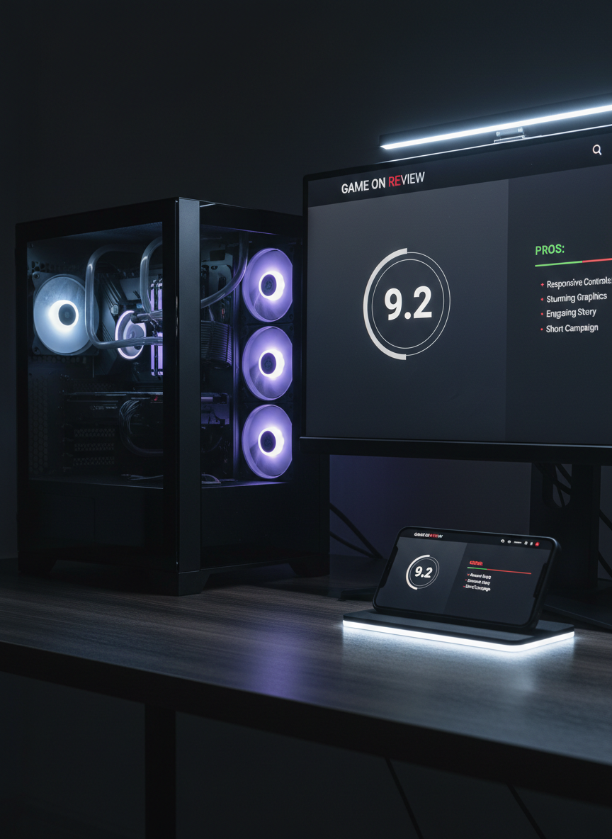 A modern dual-platform gaming setup with a powerful desktop PC tower featuring transparent tempered glass side panel, visible liquid cooling tubes, and RGB fans, positioned beside a high-end smartphone resting on a slim wireless charging pad. Both screens display different sections of a clean, bold gaming review site: one showing a numeric score, the other a concise pros and cons breakdown. The desk is dark wood with a subtle grain, illuminated by sharp, focused white LED key lights from above, creating crisp reflections and defined edges. Photographic realism from an eye-level angle, with a balanced composition that showcases both PC and mobile equally. The atmosphere is confident, efficient, and analytical, underlining fast cross-platform game evaluations.